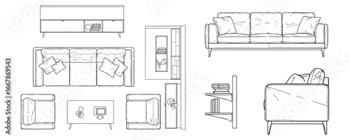 CAD-style line drawing of living room furniture including sofas, armchairs, coffee tables, and shelves, shown in top and side views, minimal vector illustration for architectural plans and interior de