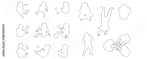 Minimal CAD-style outline drawings of children playing, sitting, crawling, and interacting with toys viewed from above in top perspective vector illustration