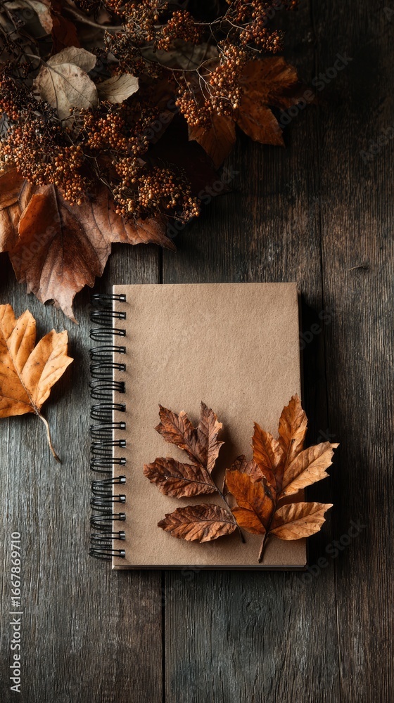 Fototapeta premium Autumnal notebook, dried leaves, wooden surface