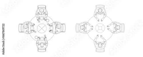 Minimal CAD-style technical outline drawings of people seated around a dining table, shown in top perspective view, vector illustration for architectural plans and interior design layouts