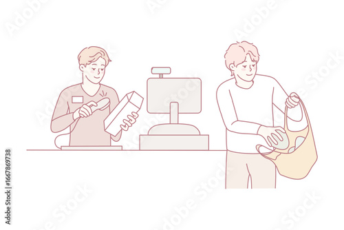 Man buying groceries in supermarket. Cashier beep sell products to male client in store. Consumerism and shopping. Vector illustration.