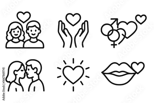 Love and romance line icon set. Vector collection of relationship, intimacy and couple symbols. Modern outline icons for valentine's day. Kiss, heart, care and passion.