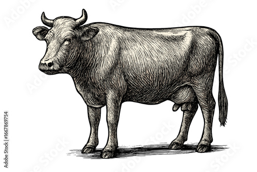 Cow sketch vector illustration in a vintage woodcut engraving style. Farm animal, cattle for beef or dairy. Detailed black and white drawing isolated on a background.
