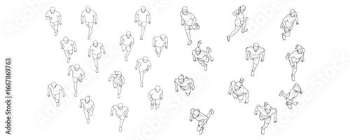 Minimal CAD-style top view drawings of multiple people running and jogging in various poses, outline vector illustration for architectural plans and design projects