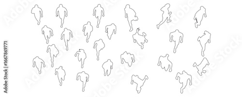 Minimal CAD-style top view outline drawings of people running and jogging, viewed from above in aerial perspective vector illustration