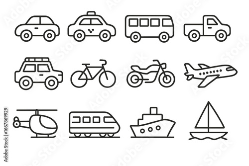 Transportation line icon set. Car, plane, bus, train, ship, and bike vehicle symbols. Vector outline travel and transport pictograms for web, app, and infographic design.