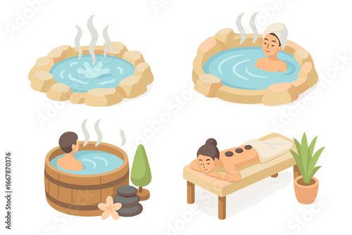 Spa and wellness isometric icon set. People relaxing in geothermal hot spring. Onsen bath, hot stone massage therapy. Vector symbols for health, beauty, and self-care.