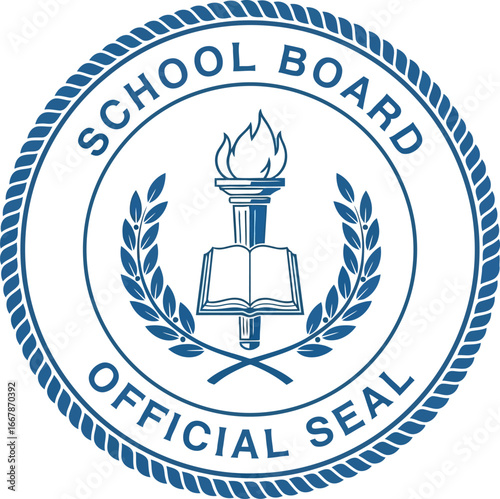 School board official seal emblem with torch of knowledge and laurel wreath vector