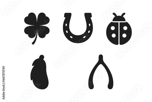 Good luck charms icon set. Four-leaf clover, horseshoe, ladybug, rabbit foot, wishbone. Superstition, fortune, lucky symbols. Vector glyph collection for graphic design.