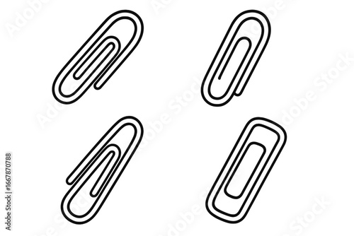 Set of paper clip icons. Black and white outline vector illustration. Office supply and stationery concept for school and business. Simple line art fastener for documents.