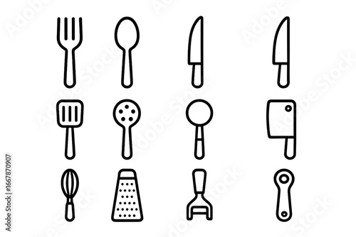 Kitchen utensil icon set. Simple line art collection for cooking and food design. Fork, spoon, knife, spatula, grater, whisk vector icons. Minimalist outline kitchenware symbols.