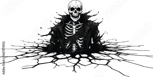 Grim Reaper, skeleton with scythe, dark hooded figure, death breaking wall, horror illustration, spooky, Halloween art, fantasy character