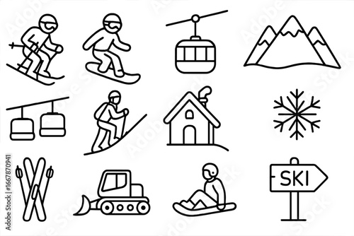Ski resort icon collection. Winter sports and activities line icons. Vector pack with skier, snowboarder, mountain, lift, lodge, snowcat. Outdoor adventure pictogram set.
