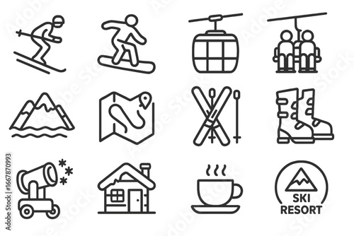Ski resort line icon set. Winter sports activities and vacation concepts. Vector icons of skier, snowboarder, gondola, chairlift, mountains, map, equipment, and cabin.