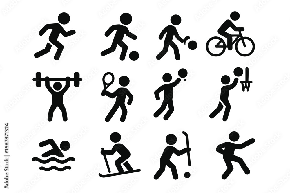 Naklejka premium Sport icons set. People activities pictograms. Man playing football, basketball, tennis, swimming, cycling, weightlifting, skiing, hockey. Vector athlete silhouette symbol.
