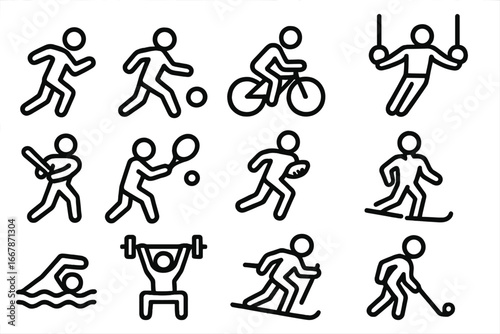 Sport icon collection. Vector line icons set of athletic activities. Running, soccer, cycling, gymnastics, baseball, tennis, football, skiing, swimming, weightlifting, hockey.