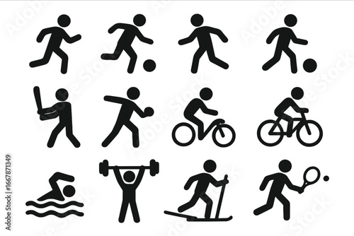 Sport icons set. Vector pictograms of athletic activities. Running, soccer, cycling, swimming, weightlifting, skiing, tennis, baseball. Simple silhouette stick figure symbols.