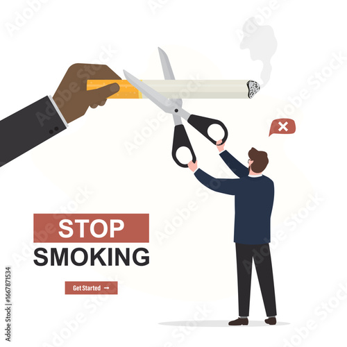 Stop smoking. Hand holding cigarette, other hand cutting with scissors. No smoking day, quit smoking icon or horizontal banner. Restriction, stop unhealthy habit or addiction.