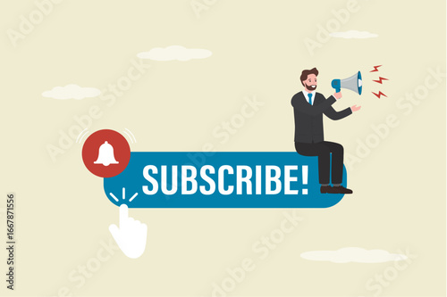 Social media marketing and increasing subscribers concept. Call to action in online advertising, attention message for users. Businessman uses loudspeaker tells his audience news.