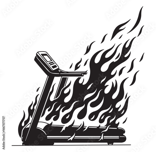 Burning treadmill a black and white vector illustration depicting intense exercise and fitness