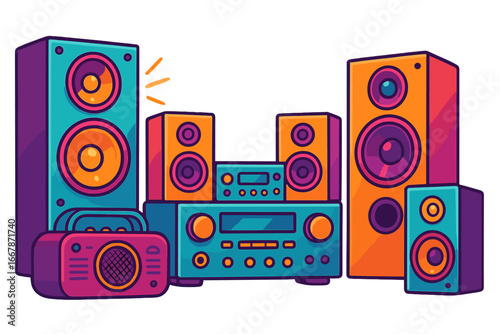 Colorful audio equipment set. Vector cartoon illustration of stereo sound system with speakers, amplifier, and retro boombox. Music technology concept flat design graphic element.