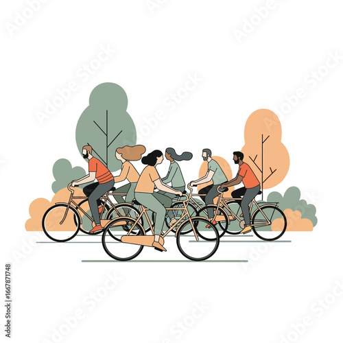 Diverse Group Cycling Park Illustration