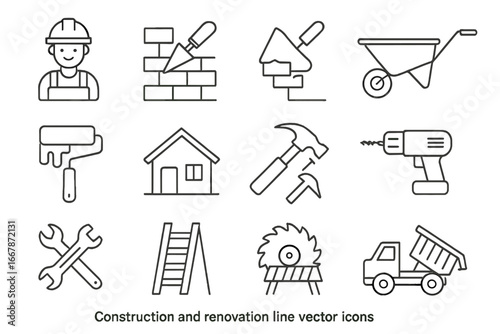 Construction line icons. Building and home renovation tools. Vector icon set for DIY, repair, maintenance. Worker, hammer, drill, saw, truck, house outline symbols.