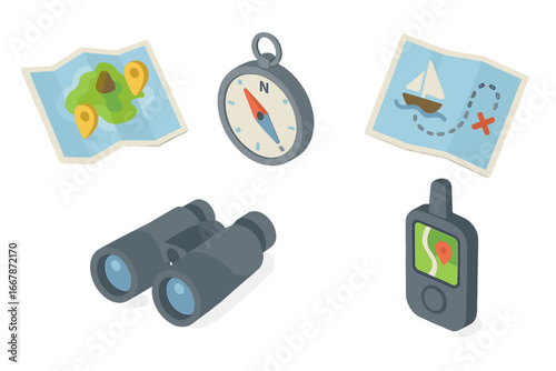 Isometric icon set for map and navigation. Travel, adventure, and exploration gear concept. Includes compass, binoculars, sailing chart, treasure map, and GPS navigator vector.