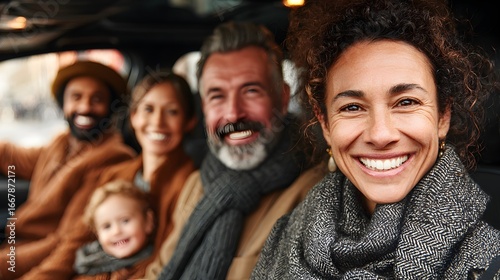 Diverse family cheerfully smiles from inside their car, enjoying a fun road trip together in winter season.