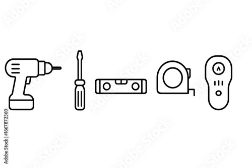 Installation tools line icon set. Home improvement and construction symbols. Vector collection of power drill, screwdriver, level, measuring tape, and stud finder icons.
