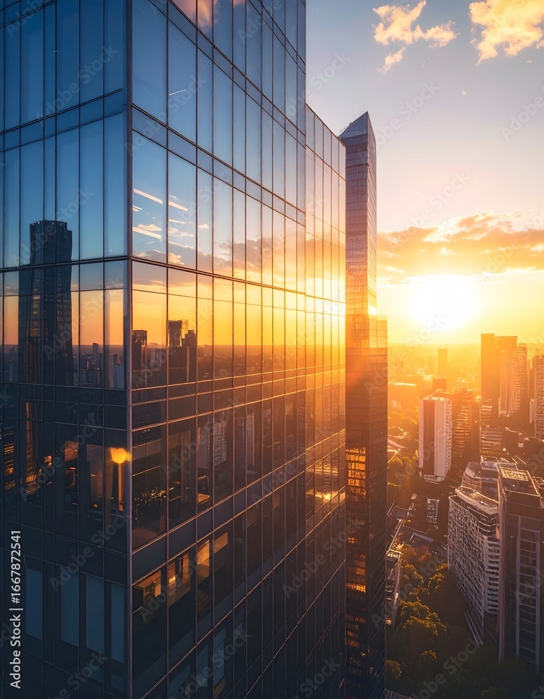 Obraz premium Golden Hour Reflections: Modern Glass Skyscrapers Bathed in Sunset Light