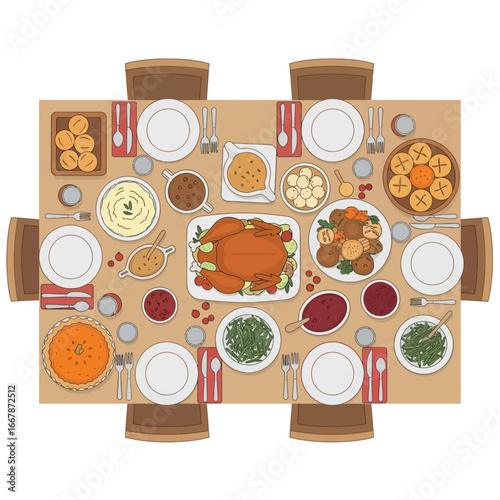 Thanksgiving Dinner Tabletop Overhead View