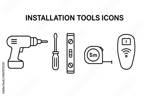 Installation tools icon set. Vector outline icons for construction, repair, and DIY projects. Collection includes power drill, screwdriver, level, tape measure, and stud finder.