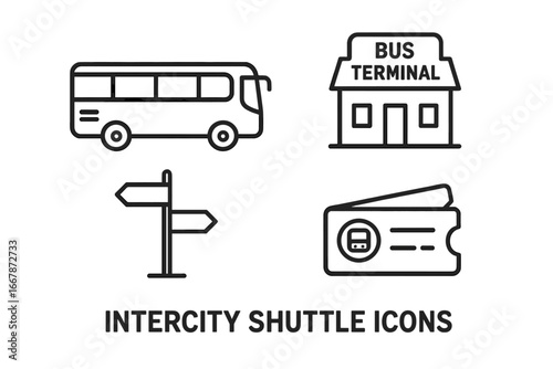 Intercity bus travel icon set. Vector line art icons of a coach, bus terminal, route signpost, and ticket. Public transportation, long-distance journey symbols concept.