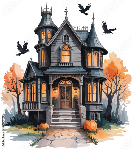 Watercolor haunted house illustration, spooky Victorian mansion, eerie moonlit night, creepy trees, ghostly Halloween scene, gothic horror atmosphere