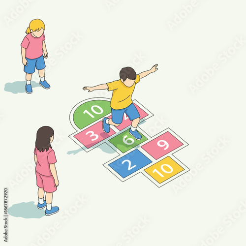 Children playing hopscotch, isometric illustration