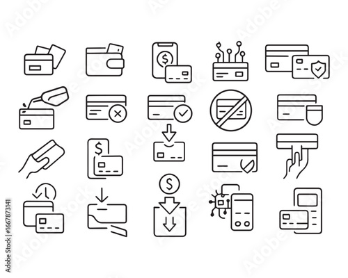 Set of outline icons related to credit card. Linear icon collection