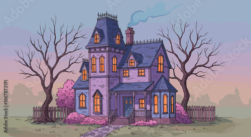 Watercolor haunted Victorian house illustration, spooky mansion at dusk with glowing windows, eerie trees, Halloween night, gothic scary scene