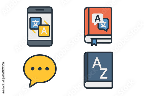 Language tool icons. Flat vector icon set of communication tools. Translation app, dictionary, phrasebook, speech bubble. Multilingual learning and vocabulary concept illustration.