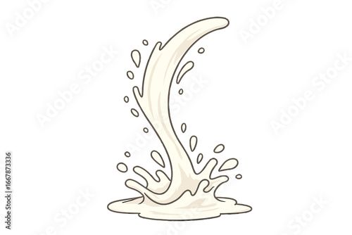 Milk splash and pouring liquid in cartoon style. White cream, yogurt or dairy drink drop and flow. Fresh milky wave and ripple. Vector illustration isolated on transparent.