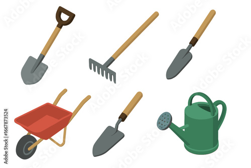 Garden tools vector icon set. Isometric gardening equipment collection. Spade, rake, trowel, wheelbarrow, watering can for farming, agriculture and yard work illustration.