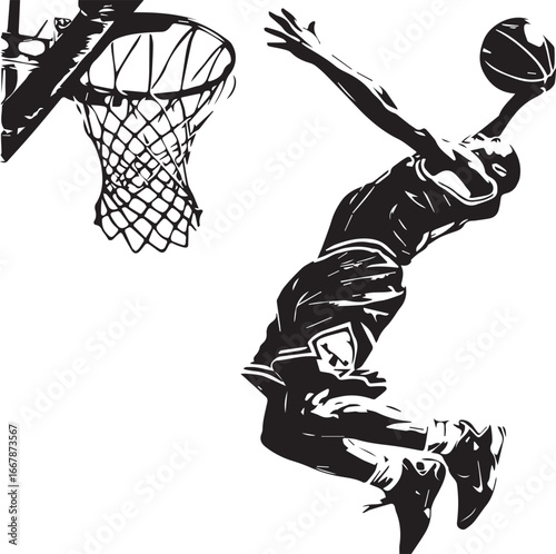 High-flying basketball: A striking silhouette captures the peak of a basketball player's athleticism as he soars through the air, poised to slam dunk the ball. The image pulsates with action.