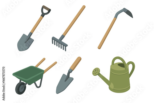 Garden tools vector icon set. Isometric illustration of gardening equipment: shovel, rake, hoe, trowel, wheelbarrow, watering can. Farming and agriculture concept design.