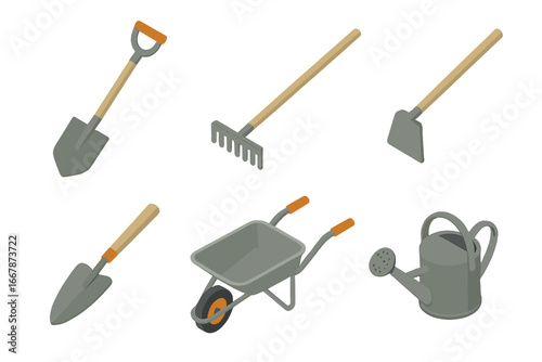 Garden tools isometric icon set. Vector collection of gardening equipment: spade, rake, hoe, trowel, wheelbarrow, watering can. Agriculture, farming & yard work concept.