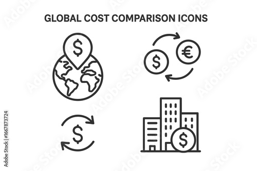 Global cost comparison vector line icon set. Icons for finance, currency exchange, business expenses, world economy, forex, real estate, city cost, international trade, money.