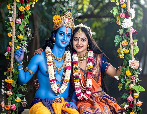 Radha Krishna on a Flower Swing - A Vibrant Depiction of Hindu Mythology.