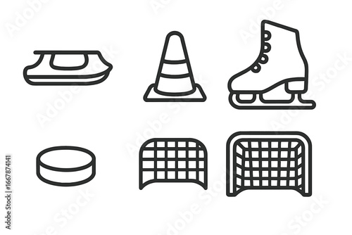 Ice skating and hockey outline icon set. Vector collection of winter sport equipment symbols like figure skate, puck, goal net, blade guard and training cone for design.