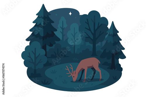 Deer in twilight forest. Vector illustration of a stag grazing in a clearing at night. Wild animal in a serene, magical, moonlit landscape. Flat cartoon style nature scene.