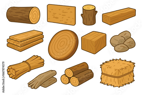 Wood and stone construction materials vector set. Cartoon log, lumber, plank, beam, hay, straw and rock resources. Natural building and crafting assets for game design elements.