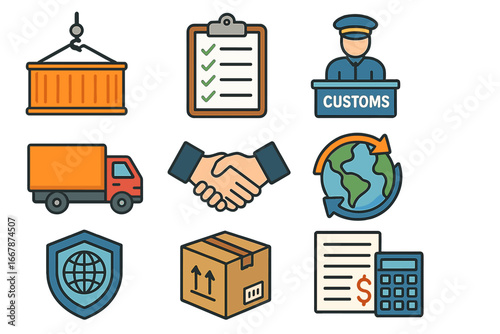 Logistics and international trade icon set. Vector icons for customs, shipping, delivery, and freight. Global business, supply chain management, and import-export concepts.